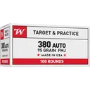 Winchester USA380VP USA 380ACP 95gr Full Metal Jacket Flat Nose 100 Per Box/5 Case Centerfire, Handgun Ammunition - Winchester