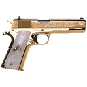Cnc CNCELRANCH Colt 1911 El Ranchero 38 Super 7+1 5 Stainless Steel Barrel, 24K Gold Plated Serrated w/Engraved Scrollwork Slide, 24K Gold Plated Steel Frame, Mother of Pearl Grip, Pistol - Cnc