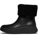 FITFLOP F-Mode Shearling-Collar Zip-Up All Black Leather Ankle Boots (E2C-090) - Fitflop