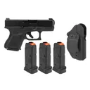 Glock Blue Label 26 Gen 5 9mm with Night Sights and LAG Tactical The Liberator MK II Ambidextrous Holster and three Magpul PMAG 12 GL9 12 round magazines - Glock
