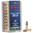 CCI Pistol Match Rimfire Ammunition .22 LR 40 gr LRN 1070 fps 50/ct - Cci