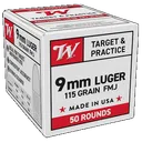 Winchester, USA Para, 9mm Luger, Full Metal Jacket, 115 Grain, 50 Rounds - Winchester