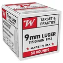 Winchester, Usa Pistol Ammo, 9mm Luger, Full Metal Jacket, 115 Grain, 50 Rounds - Winchester