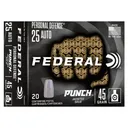 Federal Ammunition PD25P1 Premium Personal Defense Punch 25 ACP Luger 45 gr JHP Ammo Handgun Ammo - 200 Rounds - Federal Premium