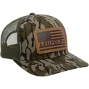 Leupold 172600 Leather Flag Trucker Hat Green/Bottomland Camo Adjustable Snapback OSFA Semi-Structured - Leupold / Redfield