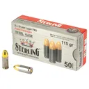 Sterling 9mm 115gr FMJ Steel Case Ammunition, Non-Corrosive, Clean Firing, 50 Rounds Per Box. Mfg # 57674 - Global Ordnance