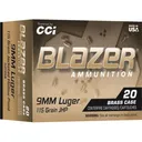 Blazer Brass 9mm Luger Ammo 115 Grain Jacketed Hollow Point Box of 20 - Blazer
