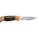 Helle Sigmund Fixed Blade Knife 4.21" Straightback Laminated Satin Blade Beech, Leather and Dark Oak Handle Brown - Helle