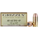 Grizzly Cartridge High Performance Handgun 45 ACP +P Ammo 185 Grain Jacketed Hollow Point Box of 20 - Grizzly Cartridge