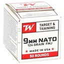WINCHESTER AMMO USA White Box 9mm FMJ 124 GR 50rd/Box Handgun Ammo (W9NATO50) - Winchester Ammo
