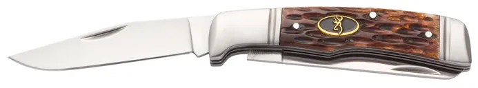 Browning Joint Venture Brown Jigged Bone Folding 2.88 Plain Edge Drop Point/Spey Point 8Cr13MoV Blade - Browning