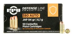 PPU Defense Brass .380 Ammo 94-Grain 50-Rounds JHP - Prvi Partizan
