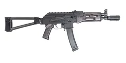 PSA AK-V 9mm Triangle Folding Pistol with Linear Comp Flash Can, "Black Satin" - Palmetto State Armory
