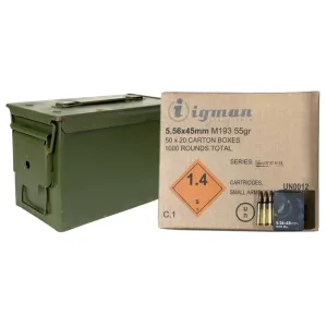 Igman 5.56x45mm NATO 55 Grain M193 Ball Ammunition 1000 Round Case with Ammo Can