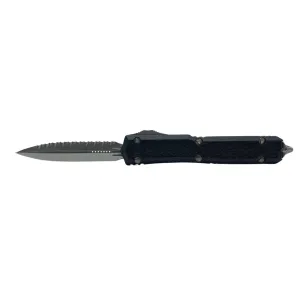 Microtech Makora D/E Signature Series Stonewash Full Serrated Nickel Boron Internals Black Traction Inlay OTF Automatic Knife