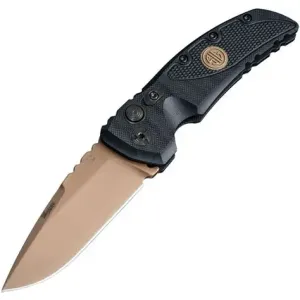 SIG EX-A01 Emperor Scorpion Automatic Folder: 3.5 Drop Point Blade - FDE PVD Finish, Solid Black G10 Frame