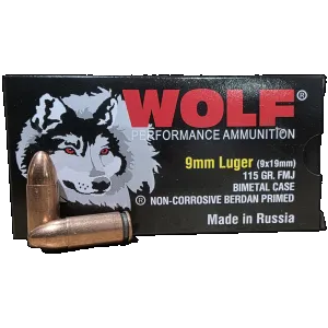 Wolf Bi-Metal Case Non-Corrosive 9mm, 115gr FMJ, 50rd Box