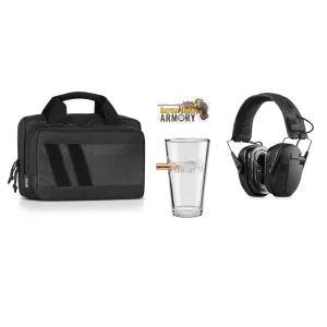 Savior Equipment Specialist Father's Day Kit- Obsidian Black Double Pistol Case, Obsidian Black Apollo Electronic Sound Suppressors, Benshot .50 BMG 16 Oz Pint Glass, & BattleHawk Morale Patch