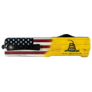 Templar Knife  Premium Weighted Don't Tread On Me Small 3 OTF Tanto Plain Black Oxide Stonewashed Powder Coated D2 Steel Blade, 4.50 Yellow w/Flag & Don't Tread On Me Aluminum Zinc Alloy Handle