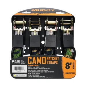 MUDDY 1 X 8' STANDARD DUTY RATCHET STRAPS / CAMO / 4 PACK