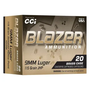 CCI 5239A BLAZER BRASS 9MM 115 JHP 20RD