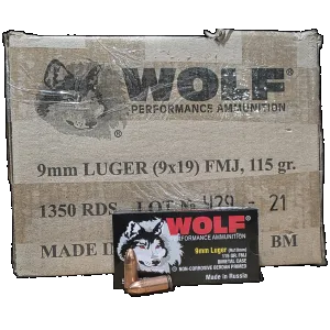 Wolf Bi-Metal Case Non-Corrosive 9mm, 115gr FMJ, 1350rd Case