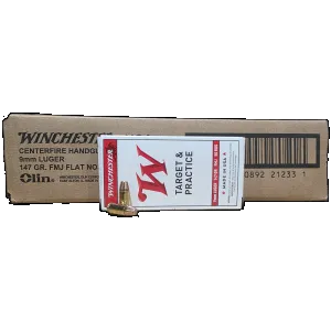 Winchester Target & Practice 9mm, 147gr FMJ Flat Nose, Subsonic Ammunition, 500rd Case
