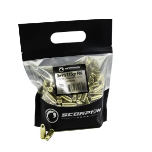 Scorpion Ammo Competition 9mm 115gr RN USPSA Match Certified Ammunition 200 rd Go Bag