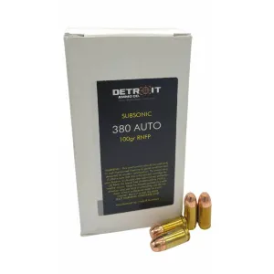 Detroit Ammunition Co Suppressor Subsonic 380 ACP AUTO 100gr Round Nose Brass 50 Box/ 20cs
