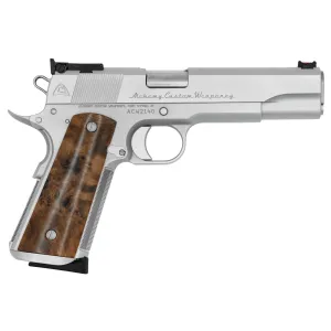 Alchemy Custom Weaponry 1911 Prime Elite, .45acp, 5 Barrel, 2- 8rd Magazines, Full Matte Chrome w/ Walnut Grips, Pistol