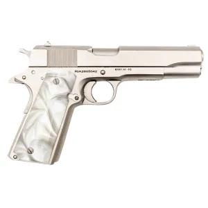 Rock Island 56418 GI Standard FS *CA Compliant 45 ACP Caliber with 5 in Barrel, 8+1 Capacity, Overall Matte Nickel Finish Steel, Beavertail Frame, Serrated Slide & Mother of Pearl Grip, Pistol
