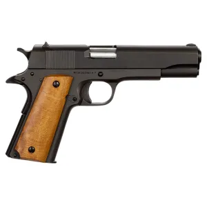 Rock Island 51815 GI Standard FS *CA Compliant 38 Super Caliber with 5 in Barrel, 10+1 Capacity, Overall Black Parkerized Finish Steel Beavertail Frame, Serrated Slide & Wood Grip, Pistol