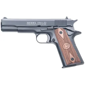Chiappa 401038 1911-22 22 LR 10+1, 5 in Black Steel Barrel, Blued Serrated Slide, Blued Aluminum Frame w/Beavertail, Stippled Walnut Grip, Manual Thumb Safety, , Pistol