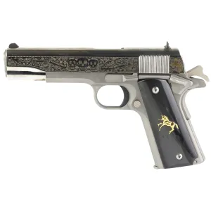 Colts Manufacturing Government Model, Day Of The Dead, 1911 Classic, Semi-auto, Metal Frame Pistol, Full Size, 38 Super, 5 in Barrel, Steel, Stainless Finish, 9 Rounds, 1 Mag, High Polished, Deep Engr