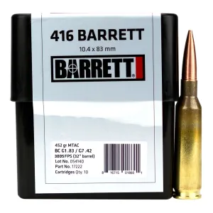Barrett 17222 Rifle Match Grade 416 Barrett 452 gr MTAC 10 Per Box/ 8 Cs