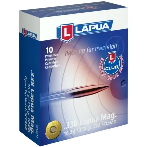 Lapua Scenar 4318017, 338 Lapua, 250Gr, Open Tip Match, 10 Round Box 4318017