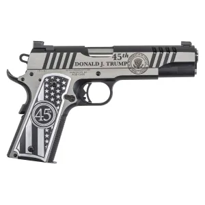 Auto-Ordnance 1911TCAC14N 1911 Trump One 45 ACP 5in Barrel 7+1, Overall Stainless Cerakote with Black Cerakote Accents, Serrated/Engraved with Ports Slide  Custom Flag Engraved Aluminum Grip