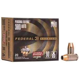 Federal PD380HS1H Premium Personal Defense Low Recoil 380ACP 90gr Hydra-Shok Jacketed Hollow Point 20 Per Box/10 Case Centerfire, Handgun Ammunition