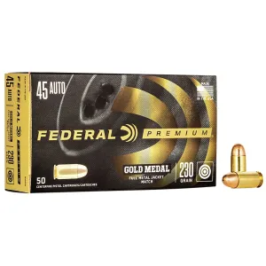 Federal GM45A Premium Gold Medal 45ACP 230gr Full Metal Jacket 50 Per Box/20 Case Centerfire, Handgun Ammunition