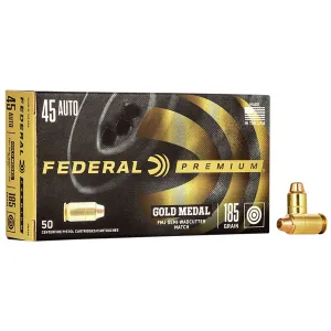 Federal GM45B Premium Gold Medal 45ACP 185gr Full Metal Jacket Semi Wadcutter 50 Per Box/20 Case Centerfire, Handgun Ammunition
