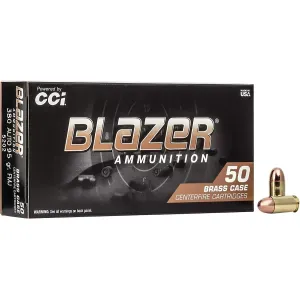 CCI 5202 Blazer Brass 380ACP 95gr Full Metal Jacket 50 Per Box/20 Case Centerfire, Handgun Ammunition