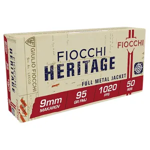 Fiocchi 9MAK Heritage 9mmMakarov 95gr Full Metal Jacket 50 Per Box/20 Case Centerfire, Handgun Ammunition