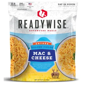 ReadyWise RW05009 Outdoor Food Kit Golden Fields Mac and Cheese 2.5 Servings In A Resealable Pouch, 6 Per Case