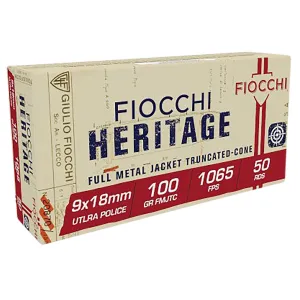 Fiocchi 9X18 Heritage 9x18mmUltra 100gr Full Metal Jacket Truncated Cone 50 Per Box/20 Case Centerfire, Handgun Ammunition