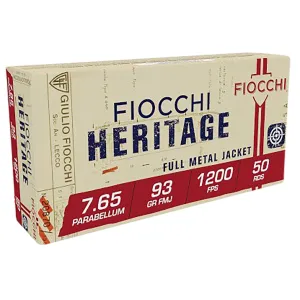 Fiocchi 765A Heritage 7.65x21mmParabellum 93gr Semi Jacketed Soft Point 50 Per Box/20 Case Centerfire, Handgun Ammunition
