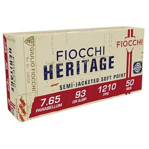 Fiocchi 765B Heritage 7.65x21mmParabellum 93gr Semi Jacketed Soft Point 50 Per Box/20 Case Centerfire, Handgun Ammunition