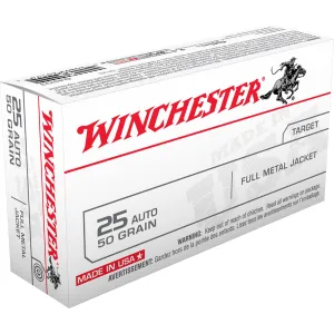 Winchester Q4203 USA 25ACP 50gr Full Metal Jacket 20 Per Box/10 Case Centerfire, Handgun Ammunition
