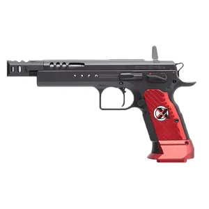 Tanfoglio IFG TF-DOMX-9 Domina Xtreme 9mm Luger Caliber with 5.20 in Barrel, Overall Black Finish, Beavertail Frame, Steel Slide & Red Polymer Grip