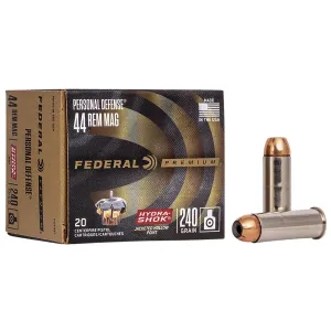 Federal P44HS1 Premium Personal Defense 44RemMag 240gr Hydra-Shok Jacketed Hollow Point 20 Per Box/25 Case Centerfire, Handgun Ammunition