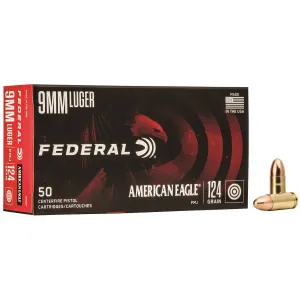 Federal AE9AP American Eagle 9mmLuger 124gr Full Metal Jacket 50 Per Box/20 Case Centerfire, Handgun Ammunition